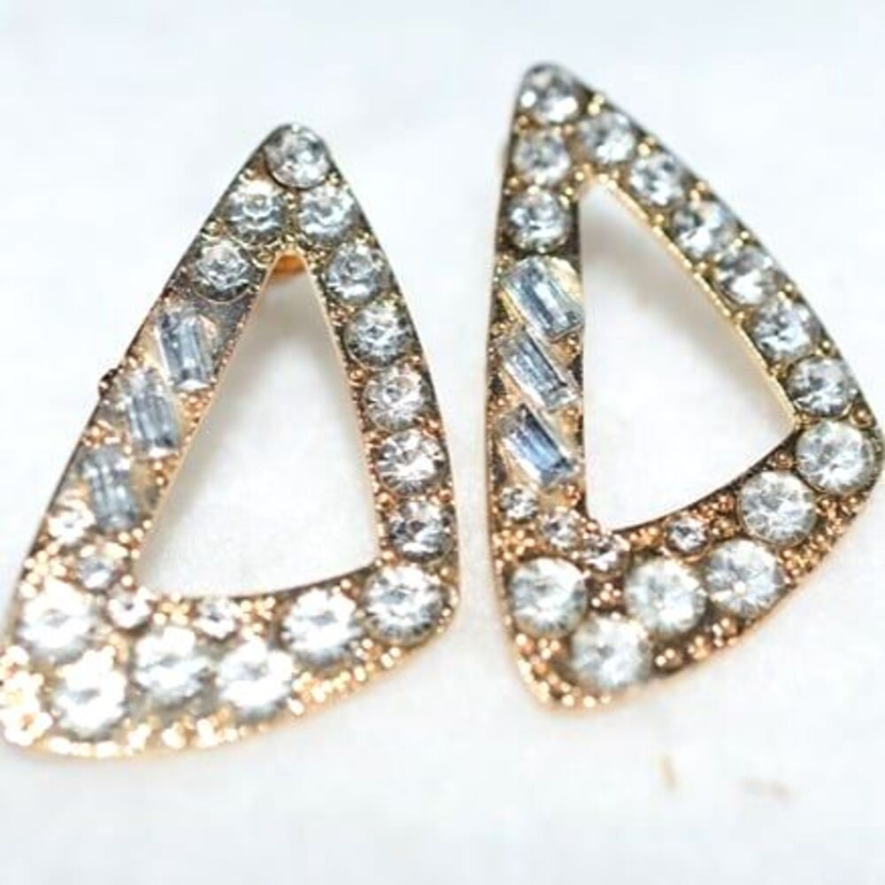 Rare Elegant Vintage Lt.Blue Gemstones Clear Rhinestones Gold Tone Earrings